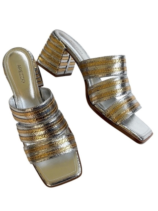 AREZZO Shoes - NWOT Arezzo Leather Heidi Heeled Sandals Silver Gold Size 9.5
